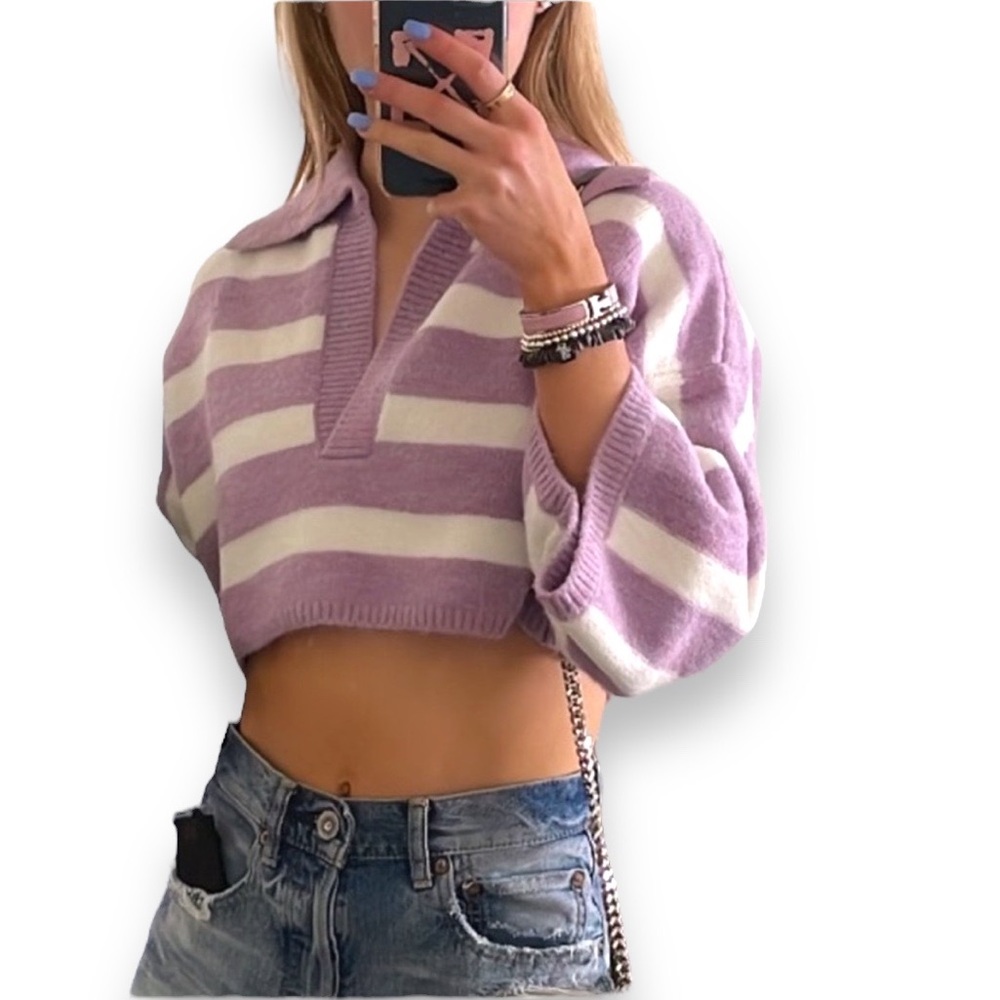NWT For Love And Lemons Maud Cropped Oversized Sweater Purple Striped Medium
